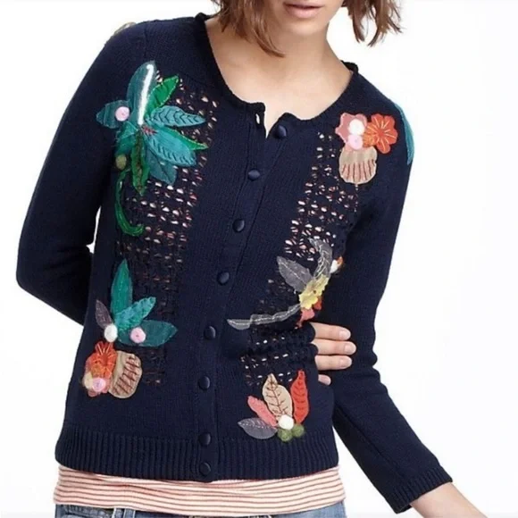 Anthropologie Mona Mabel navy cardigan with mixed media floral appliqués - Picture 2 of 16